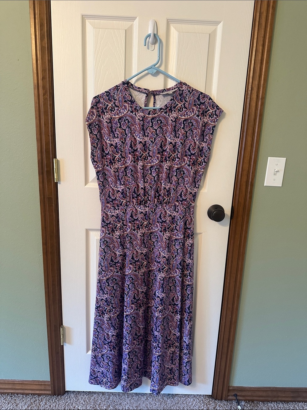 LOFT Purple Paisley Midi Dress with Cap Sleeves
